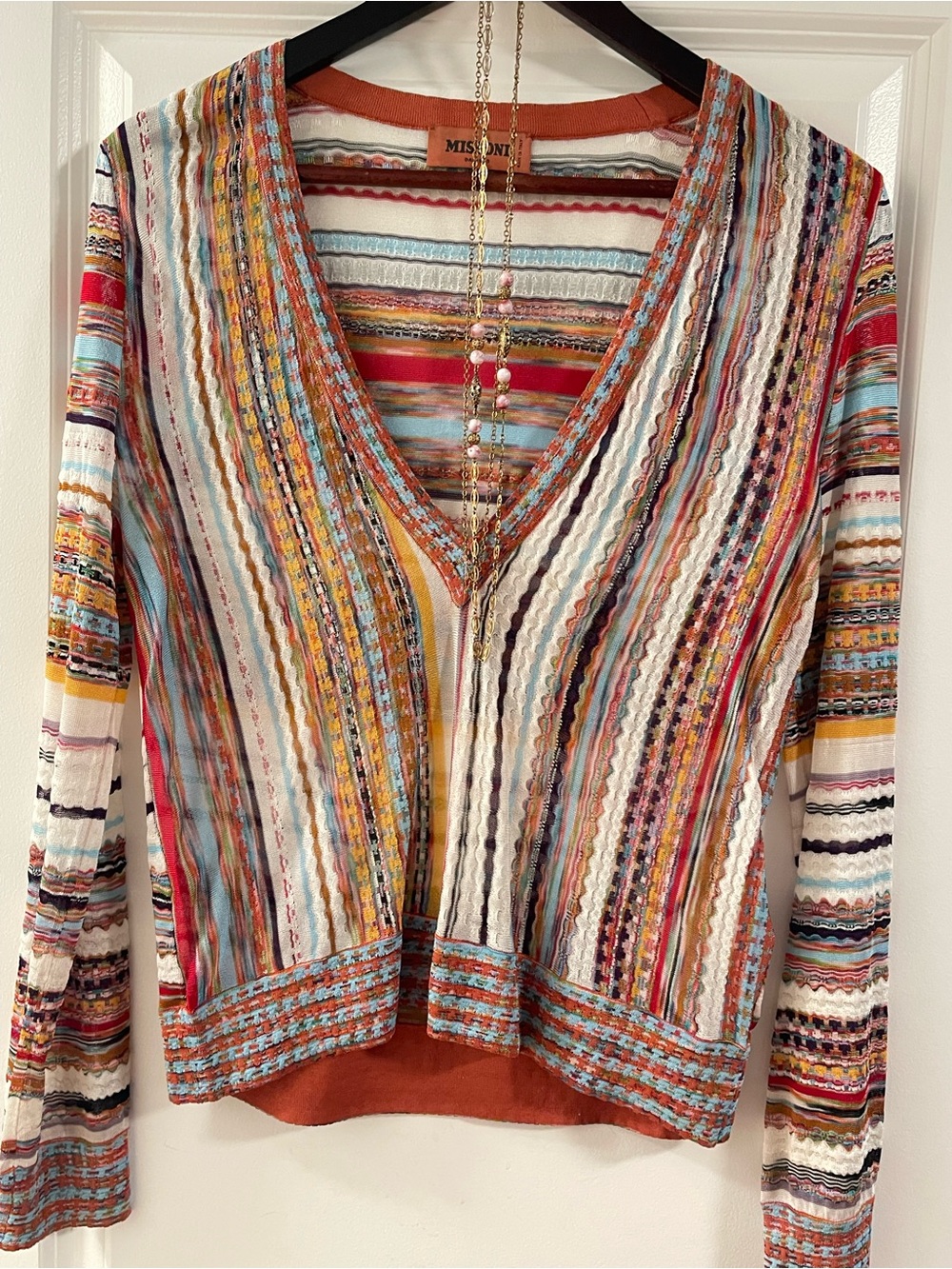 Rare Missoni  Multicolor Striped V-Neck Knit Top - White, Terracotta, Aqua